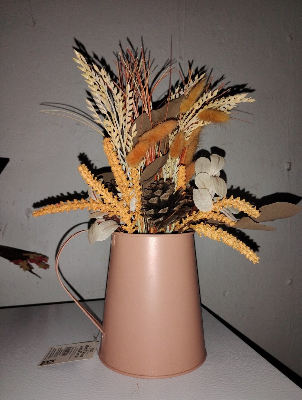 Blush Pink Metal Pitcher Vase with Dried Floral Arrangement
